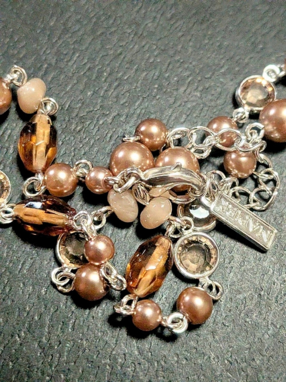 Vtg NAPIER Beaded Necklace Peach Faux Pearl Amber Crystal Silver Tone Signed - Picture 4 of 8